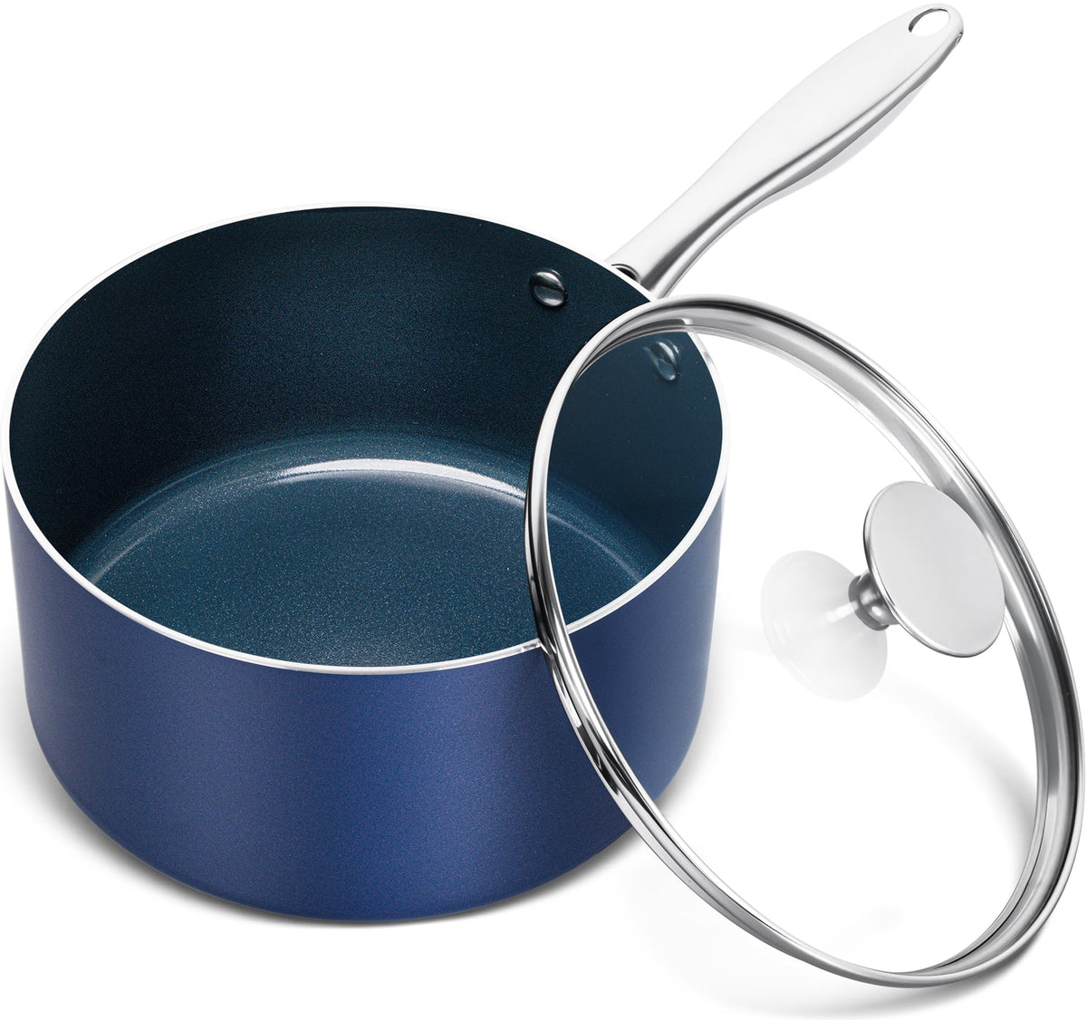 MICHELANGELO 3 Qt saucepan with lid in blue, ideal for simmering sauces.