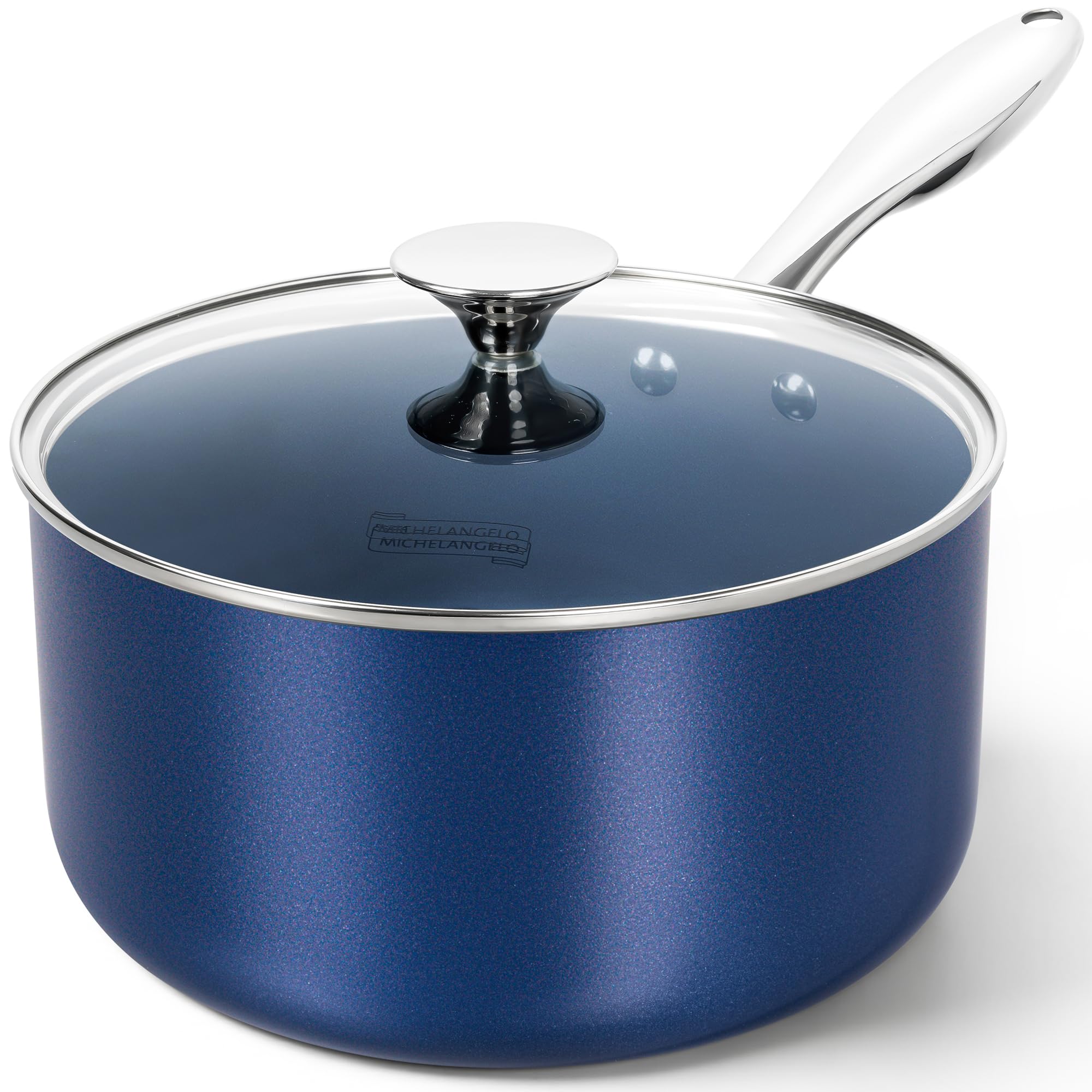 Michelangelo 4-quart saucepan with blue lid for even heating and easy release