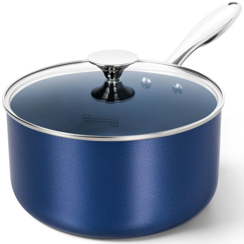 Michelangelo 4-quart saucepan with blue lid for even heating and easy release