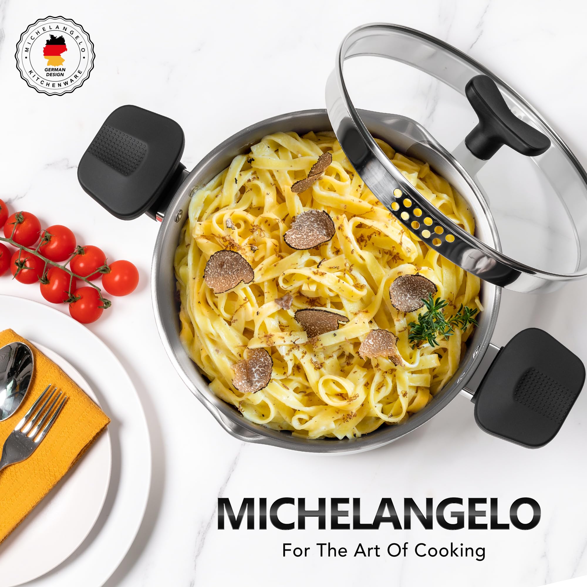 MICHELANGELO pot with built-in strainer provides drain without a separate colander.
