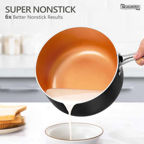 Michelangelo ceramic titanium nonstick coating enables easy release when cooking vegetables.