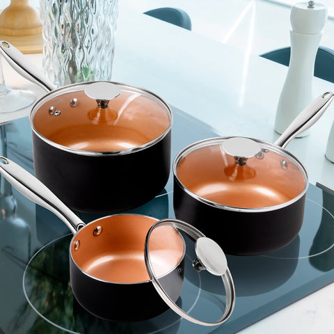 Michelangelo complete sauce pan set stored neatly for organized kitchen.