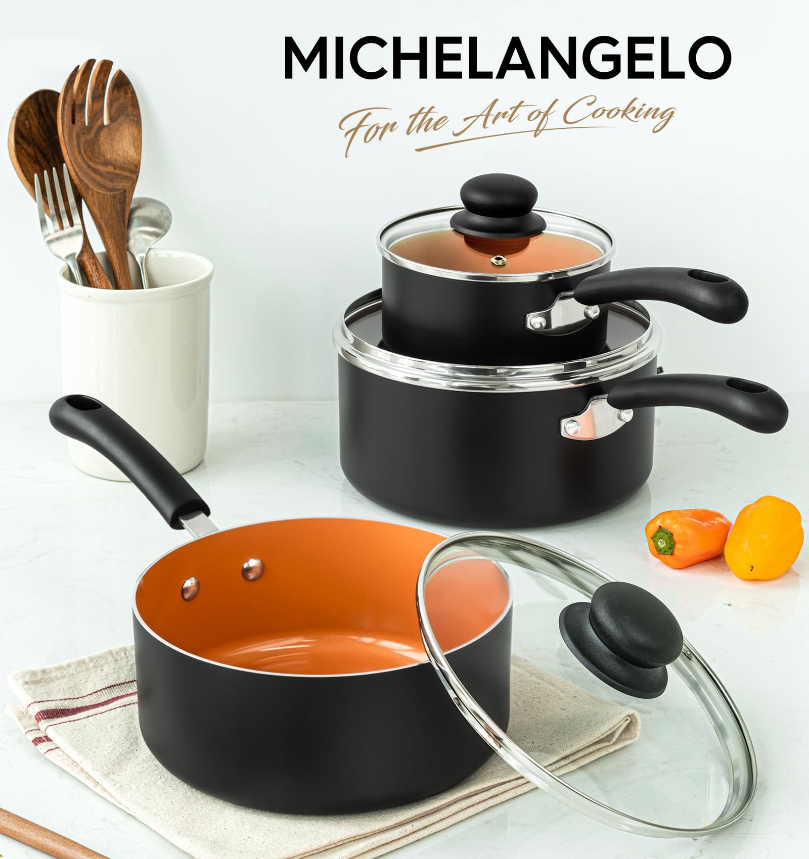 MICHELANGELO copper-toned exterior shows stylish cookware that pairs with modern kitchen aesthetics