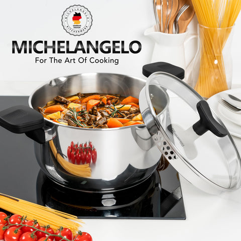 MICHELANGELO heavy-duty pot supports versatile cooking from pasta to stews.