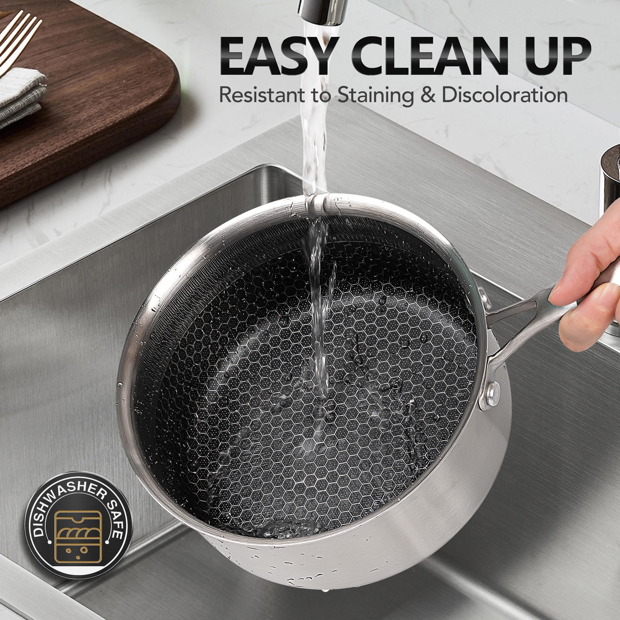 Michelangelo saucepan shows ergonomic handles and a glass lid for monitoring.