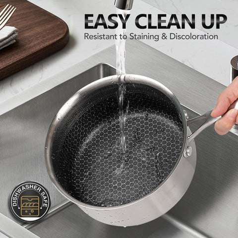 Michelangelo saucepan shows ergonomic handles and a glass lid for monitoring.