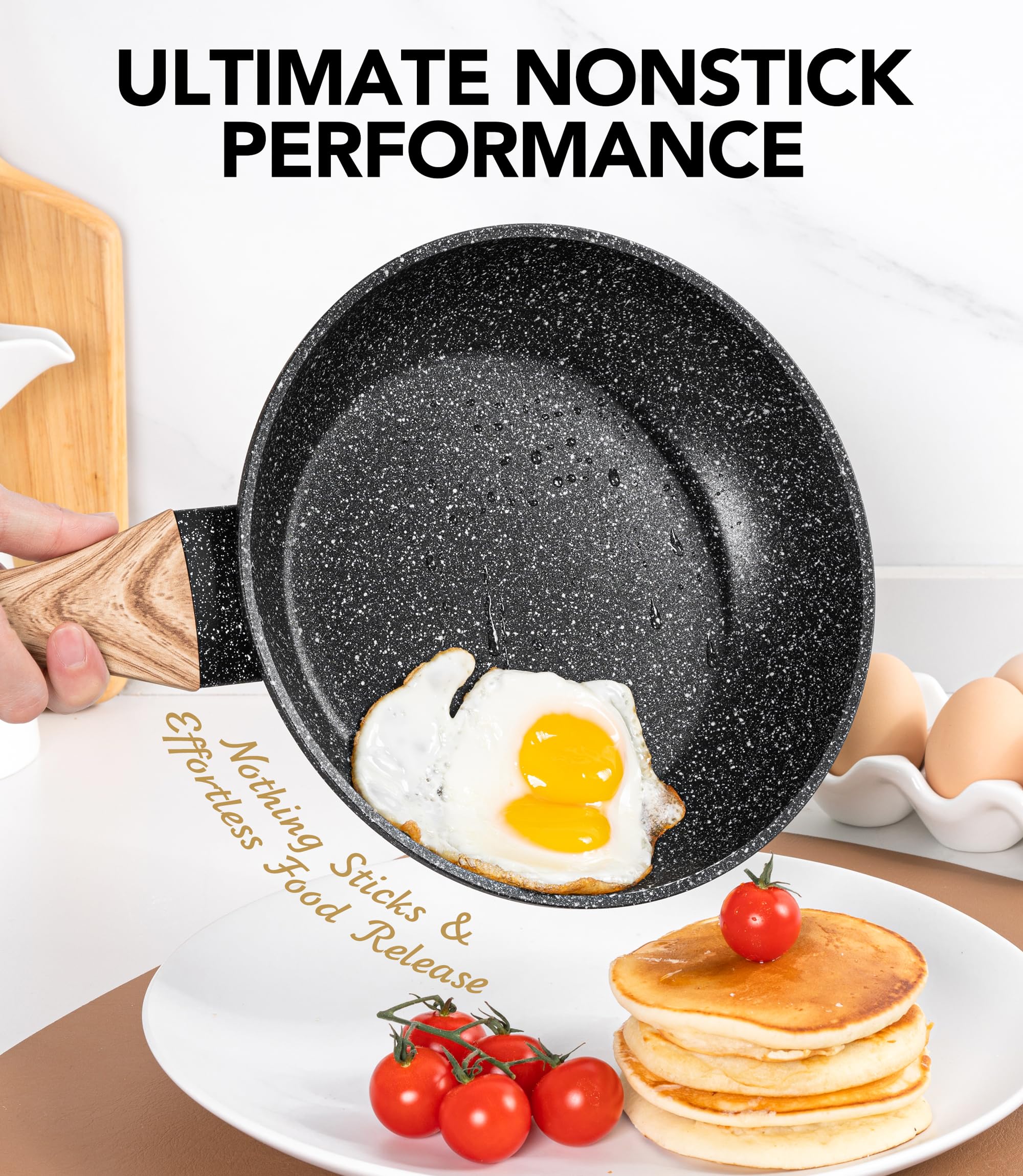 Michelangelo granite nonstick coating enables smooth food release.