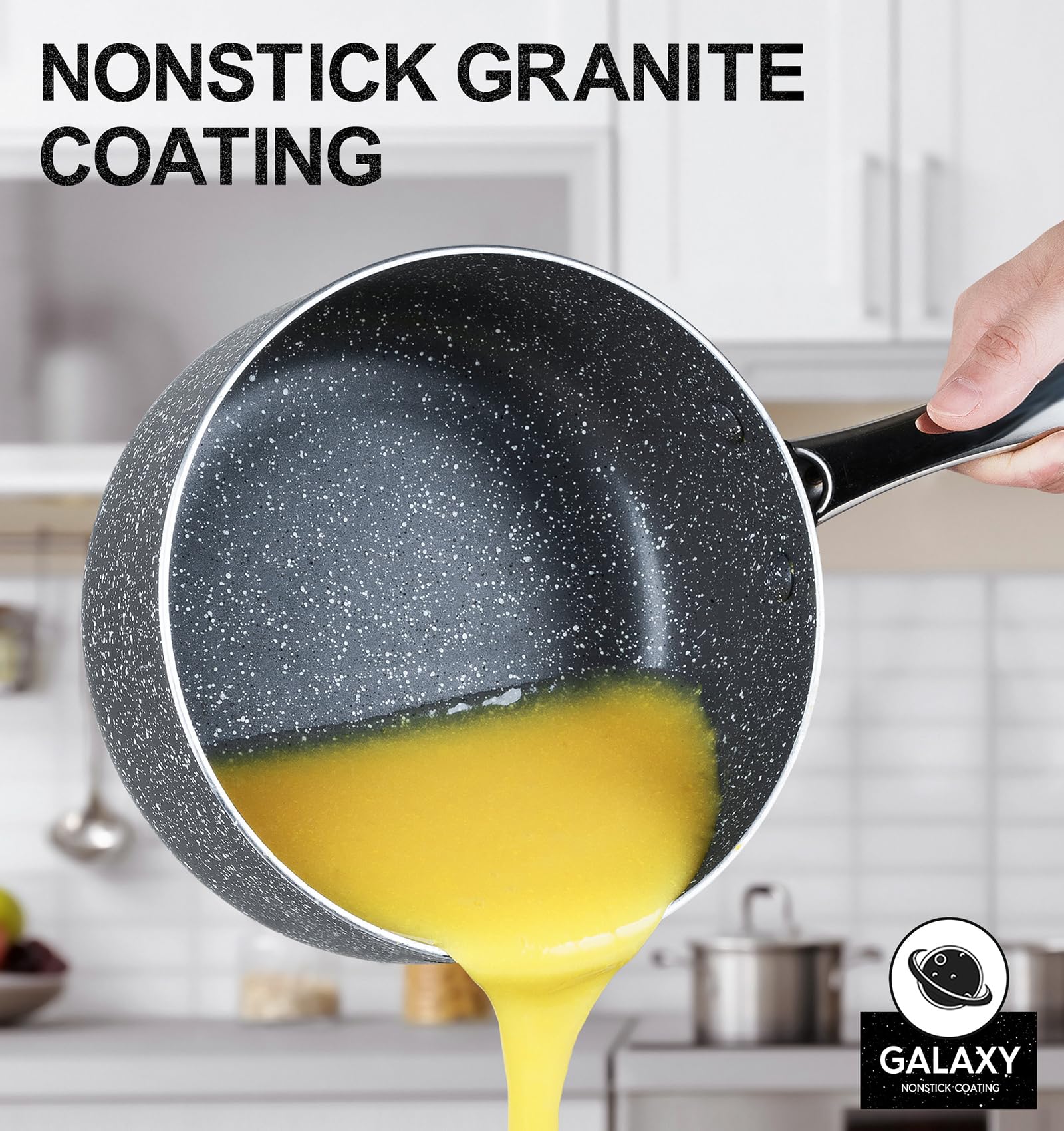 Michelangelo granite saucepan 2qt with lid grey, versatile for reheating soups evenly