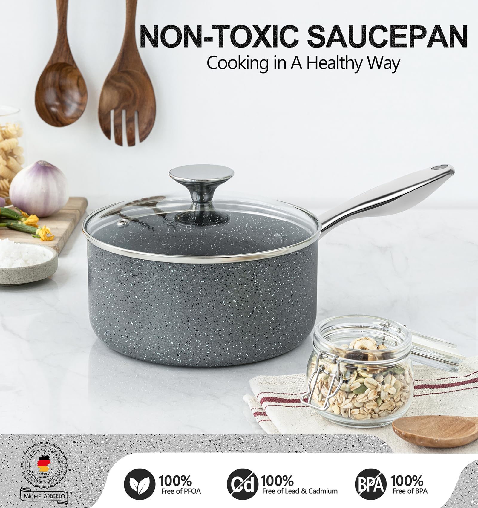 Michelangelo granite saucepan 3qt with lid grey, ideal for simmering sauces and oats
