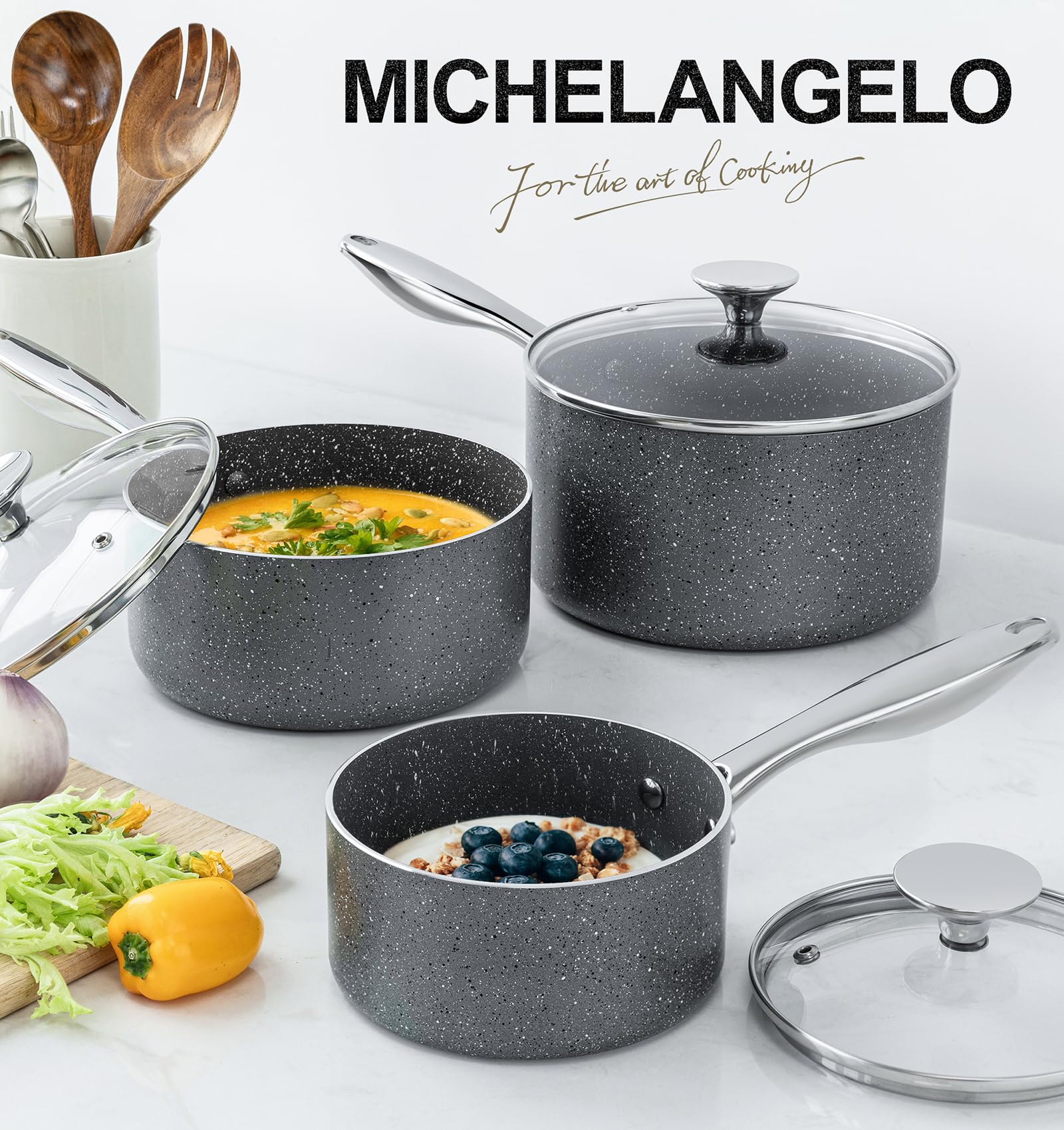 Michelangelo granite saucepan lid-off view highlights generous capacity