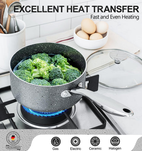 Michelangelo granite saucepan on stove grey demonstrates versatile stove compatibility