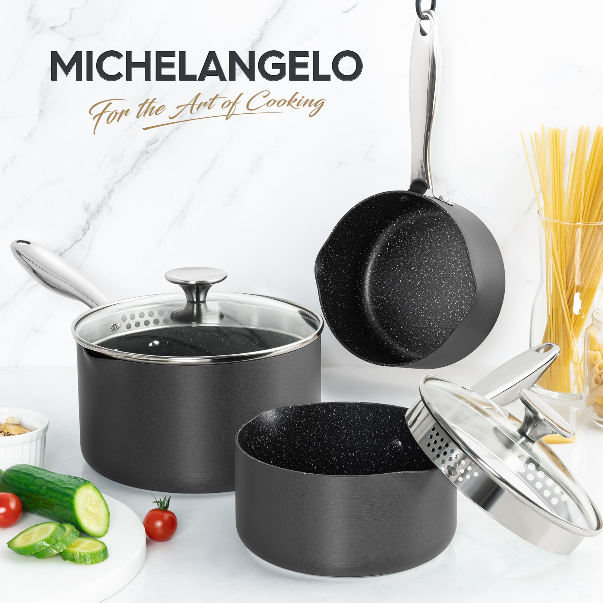 Easy-clean Michelangelo hard-anodized nonstick interior resists sticking