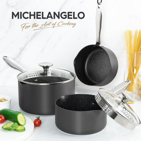 Easy-clean Michelangelo hard-anodized nonstick interior resists sticking