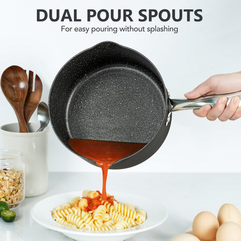 Granite nonstick interior in Michelangelo pans enables low-oil cooking