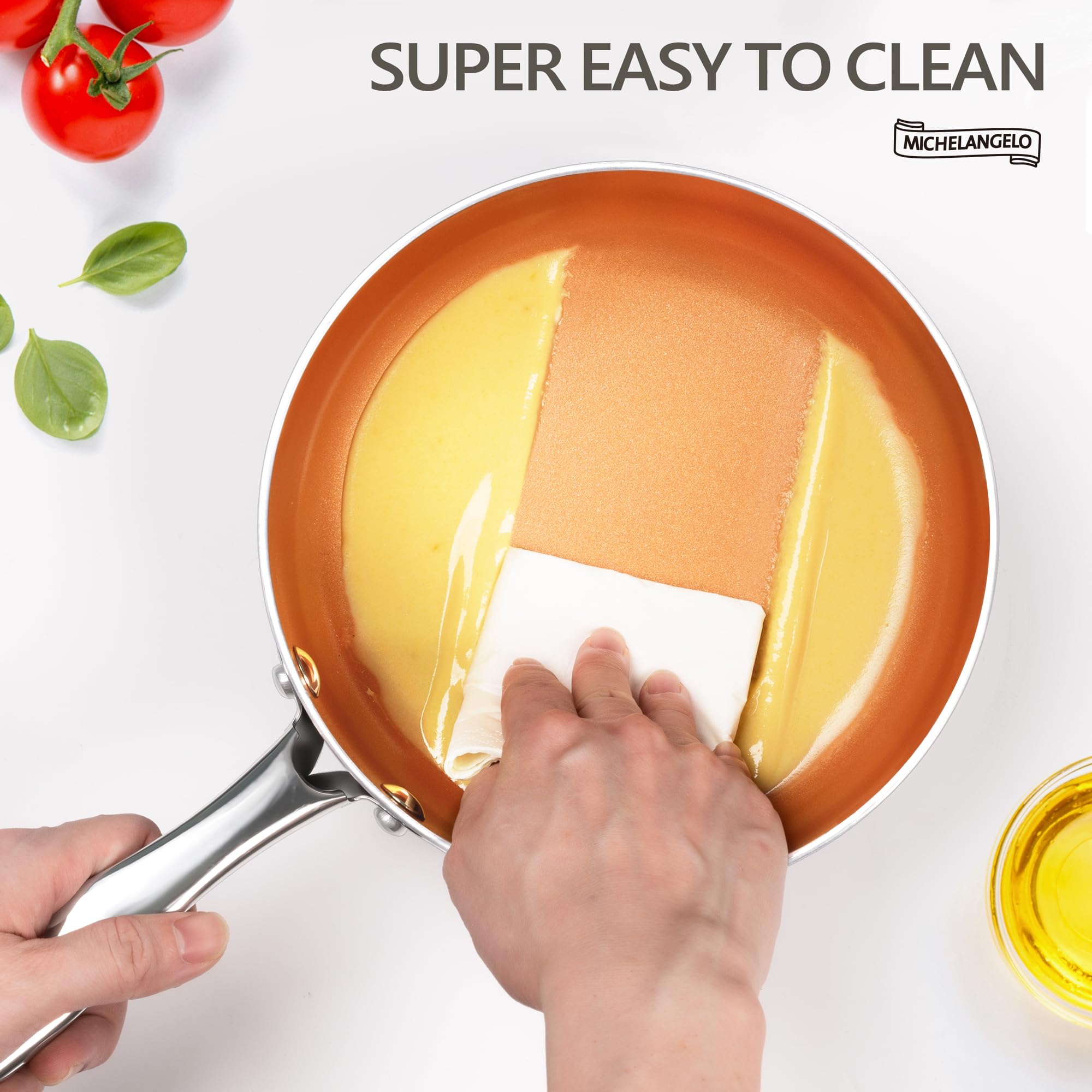Michelangelo induction compatible pan works on all cooktops for versatile kitchen use.