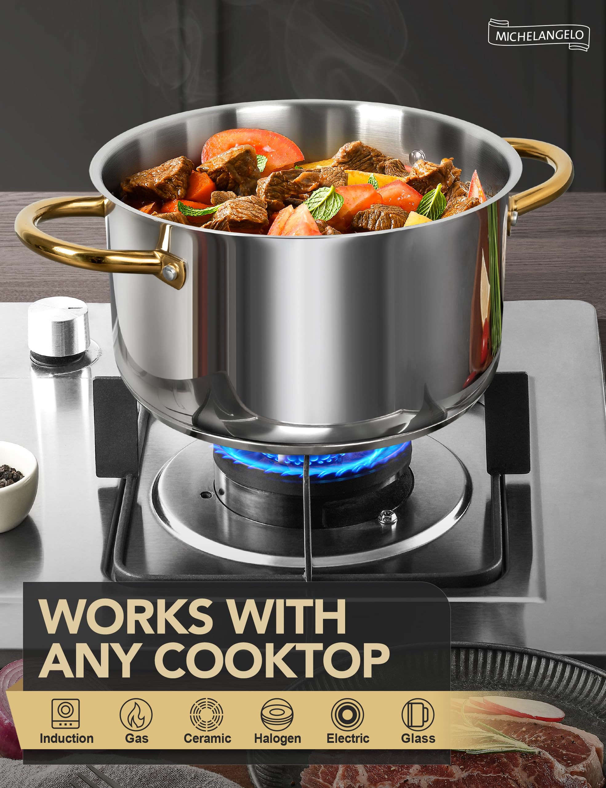 MICHELANGELO induction-compatible stockpot on a cooktop.