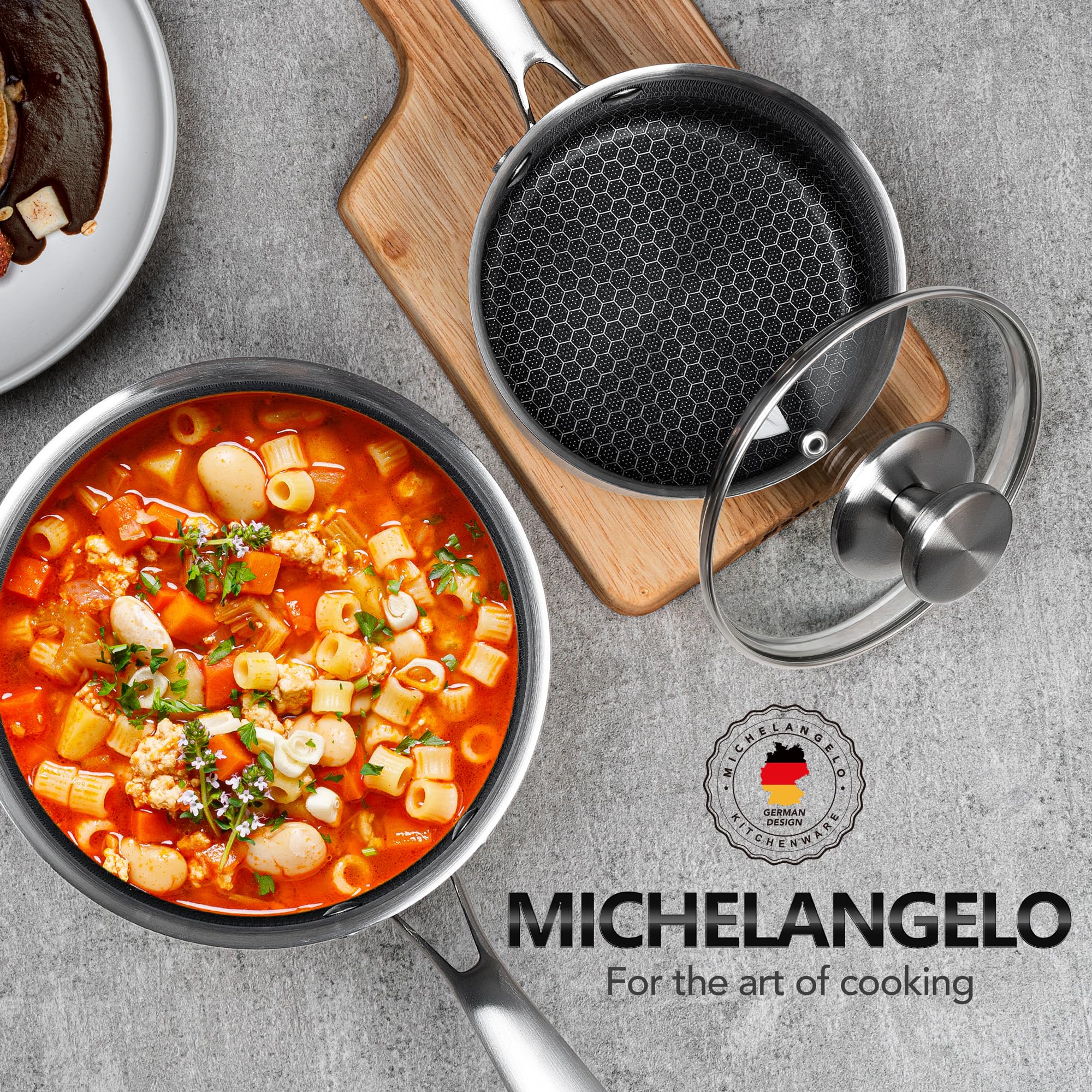 Michelangelo induction-ready and dishwasher-safe saucepan set for easy cleanup.