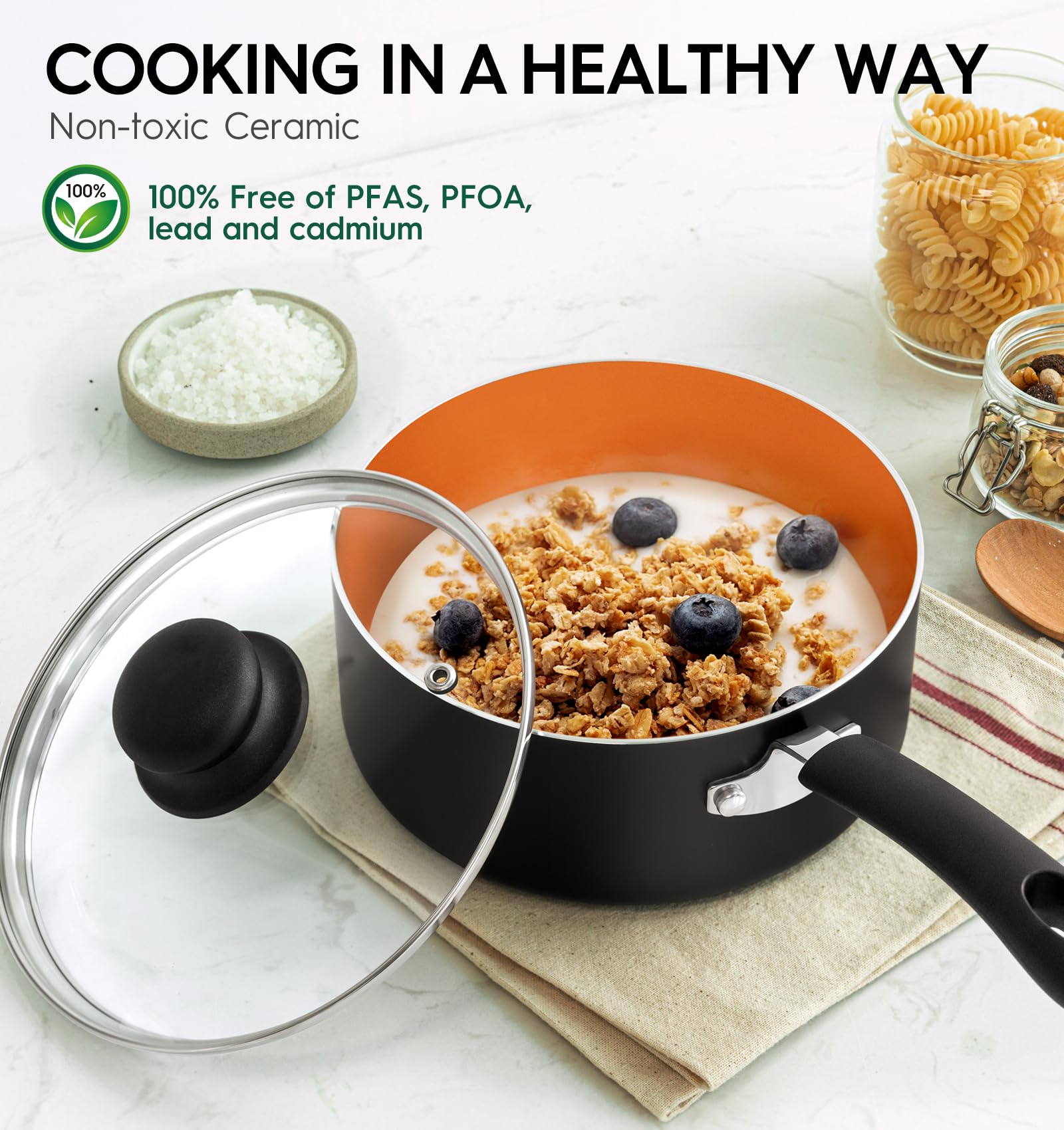 MICHELANGELO nonstick saucepan 1qt coating close-up demonstrates easy release and simple cleanup