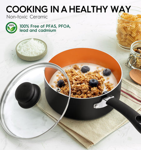 MICHELANGELO nonstick saucepan 1qt coating close-up demonstrates easy release and simple cleanup