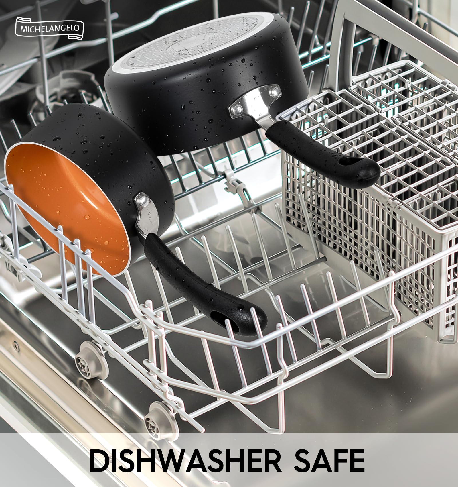 MICHELANGELO nonstick saucepan care dishwasher-safe label underlines easy cleaning and maintenance