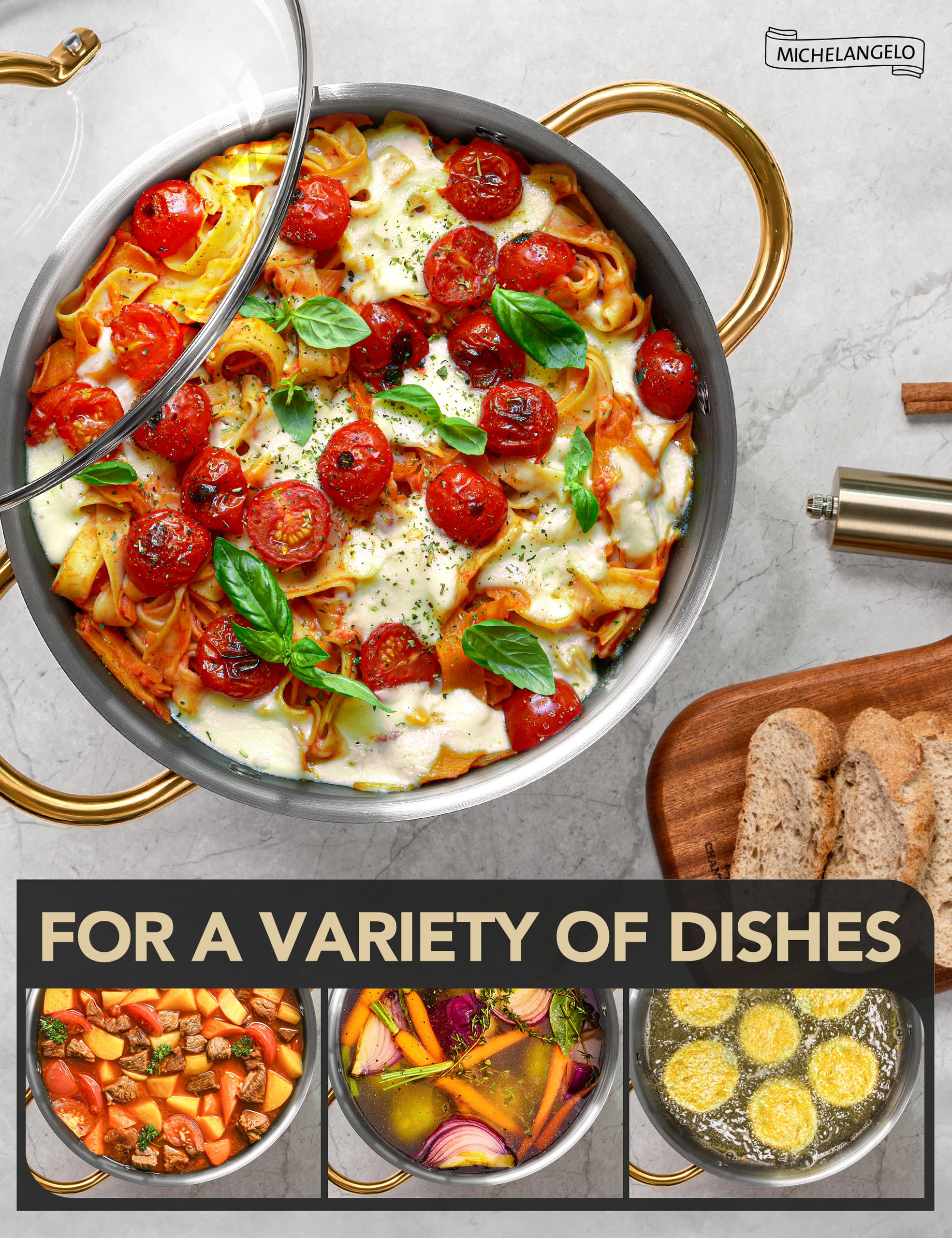 MICHELANGELO oven-safe and dishwasher-safe stockpot for easy cleanup.