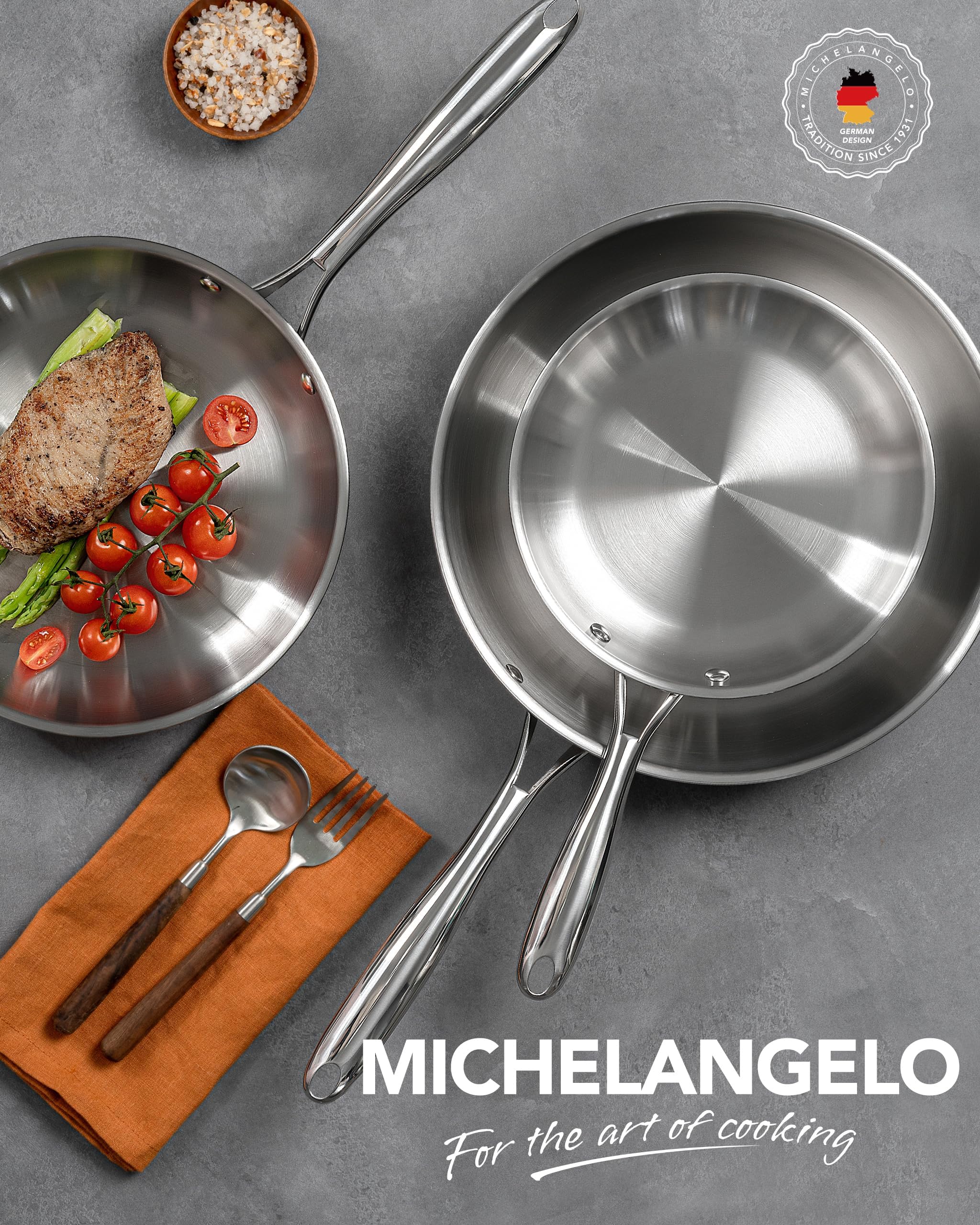 Michelangelo pan set shown on stove for organized storage and easy access.
