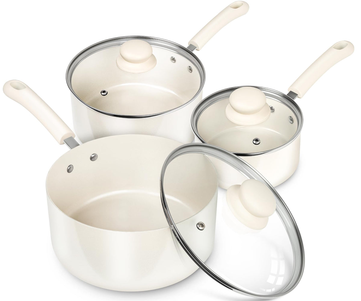 Michelangelo 1qt sauce pan with lid in white finish, easy monitoring and release
