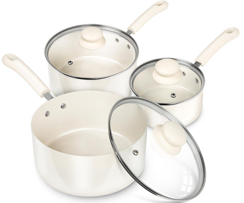 Michelangelo 1qt sauce pan with lid in white finish, easy monitoring and release