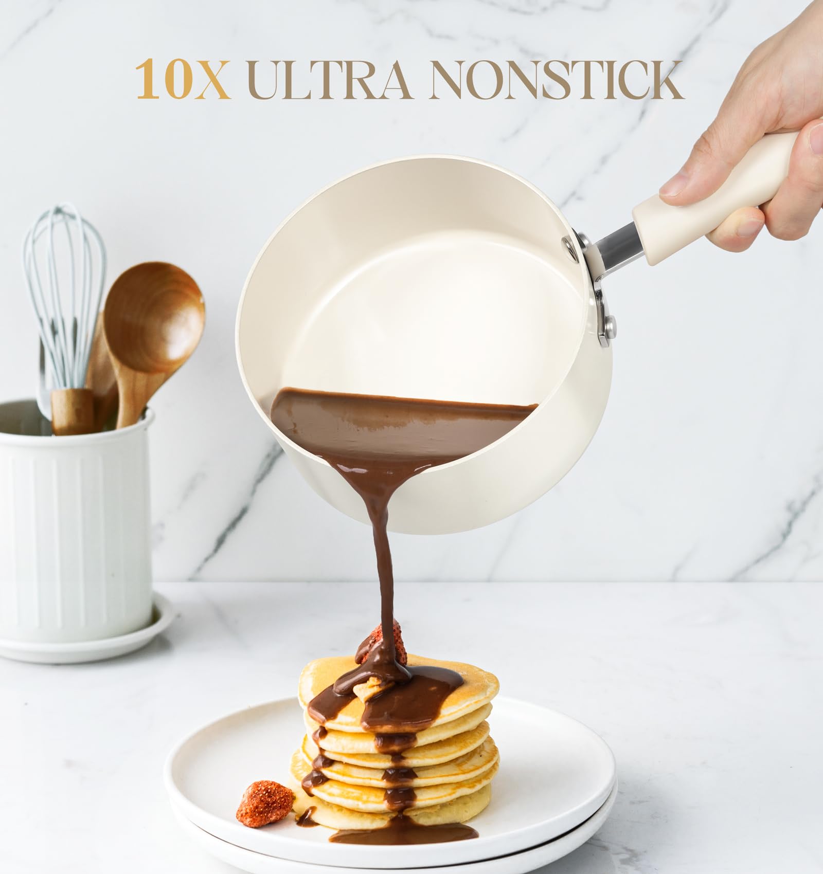 Michelangelo 2qt sauce pan with lid, even heating and simple cleanup