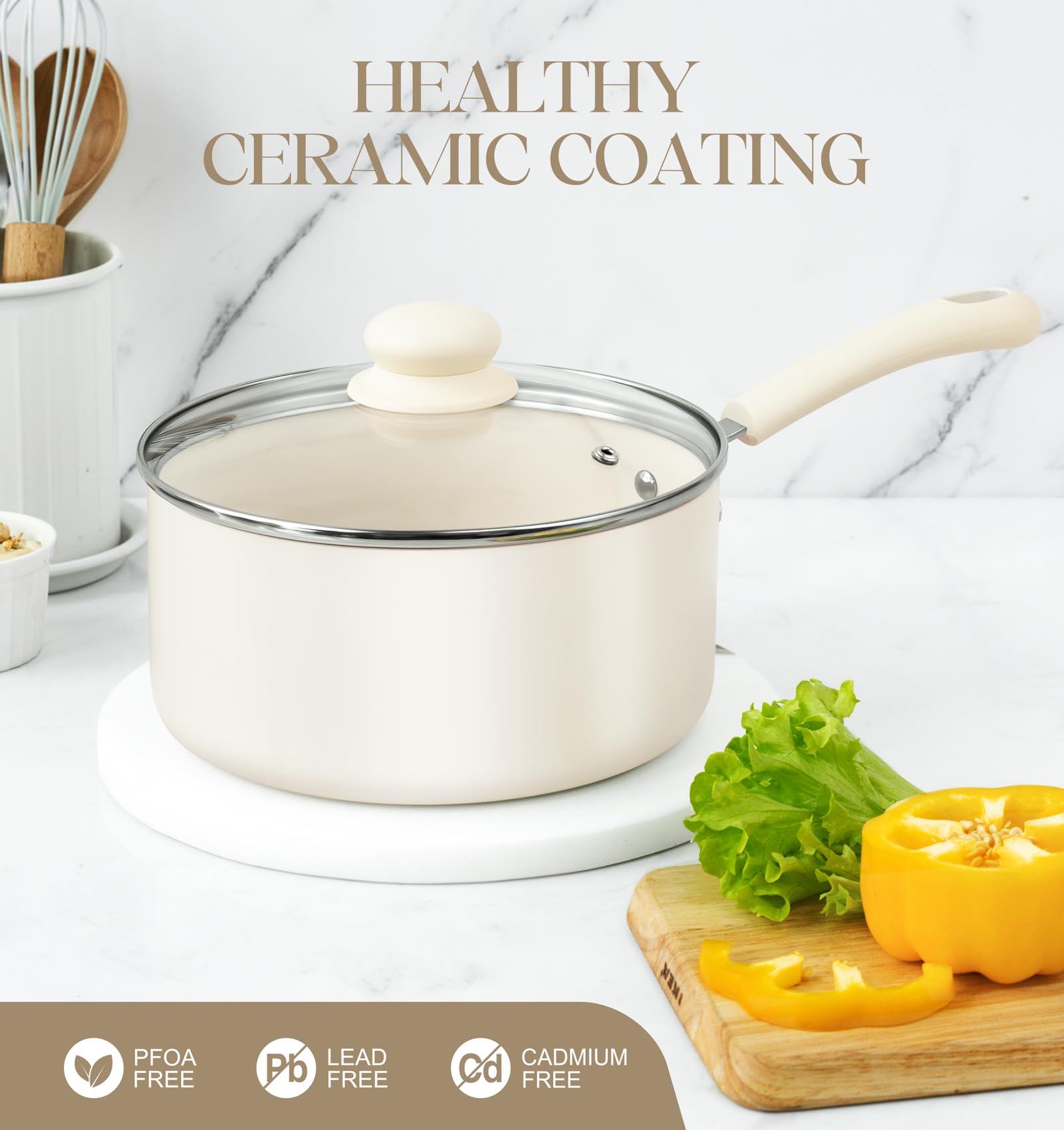 Michelangelo 3qt sauce pan with lid, versatile for sauces and simmering