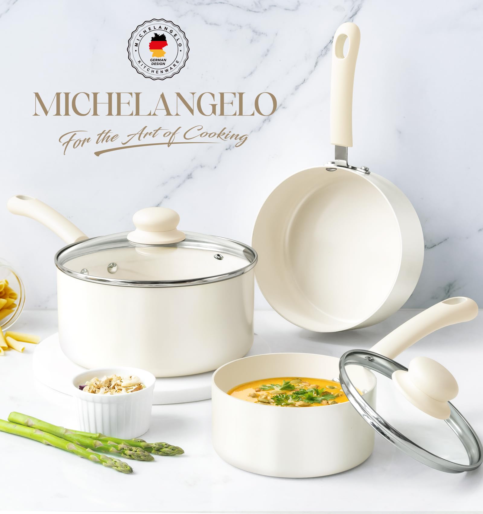 Michelangelo saucepan on stovetop in use, showcasing fast, even heating