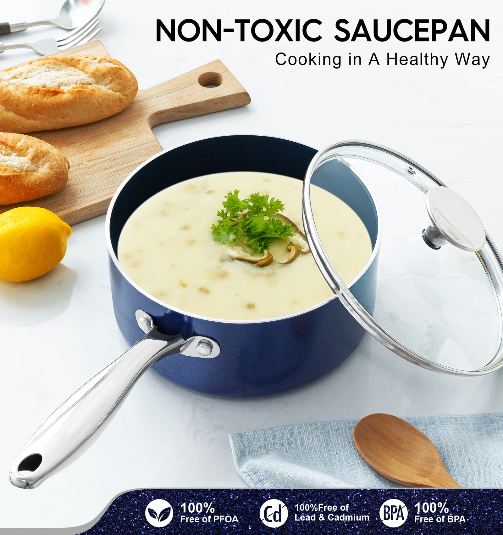 Michelangelo 1.5qt blue saucepan with lid, perfect for simmering sauces.