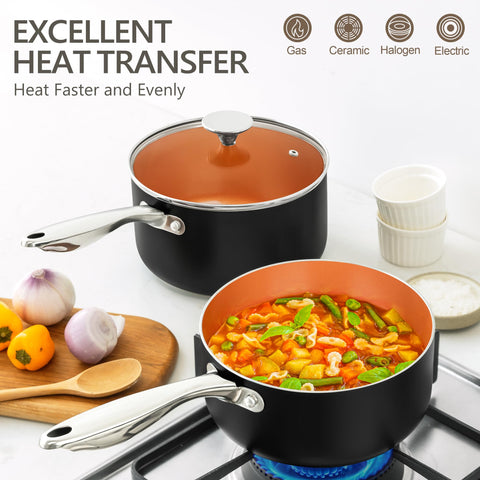 Michelangelo saucepan ergonomic handle provides secure, cool touch during simmering.