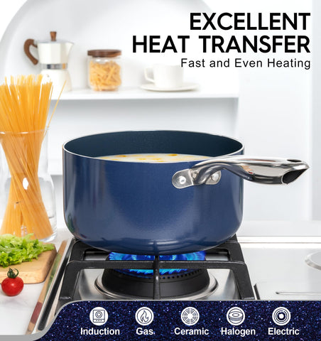Michelangelo saucepan with aluminum base for fast, even heat distribution