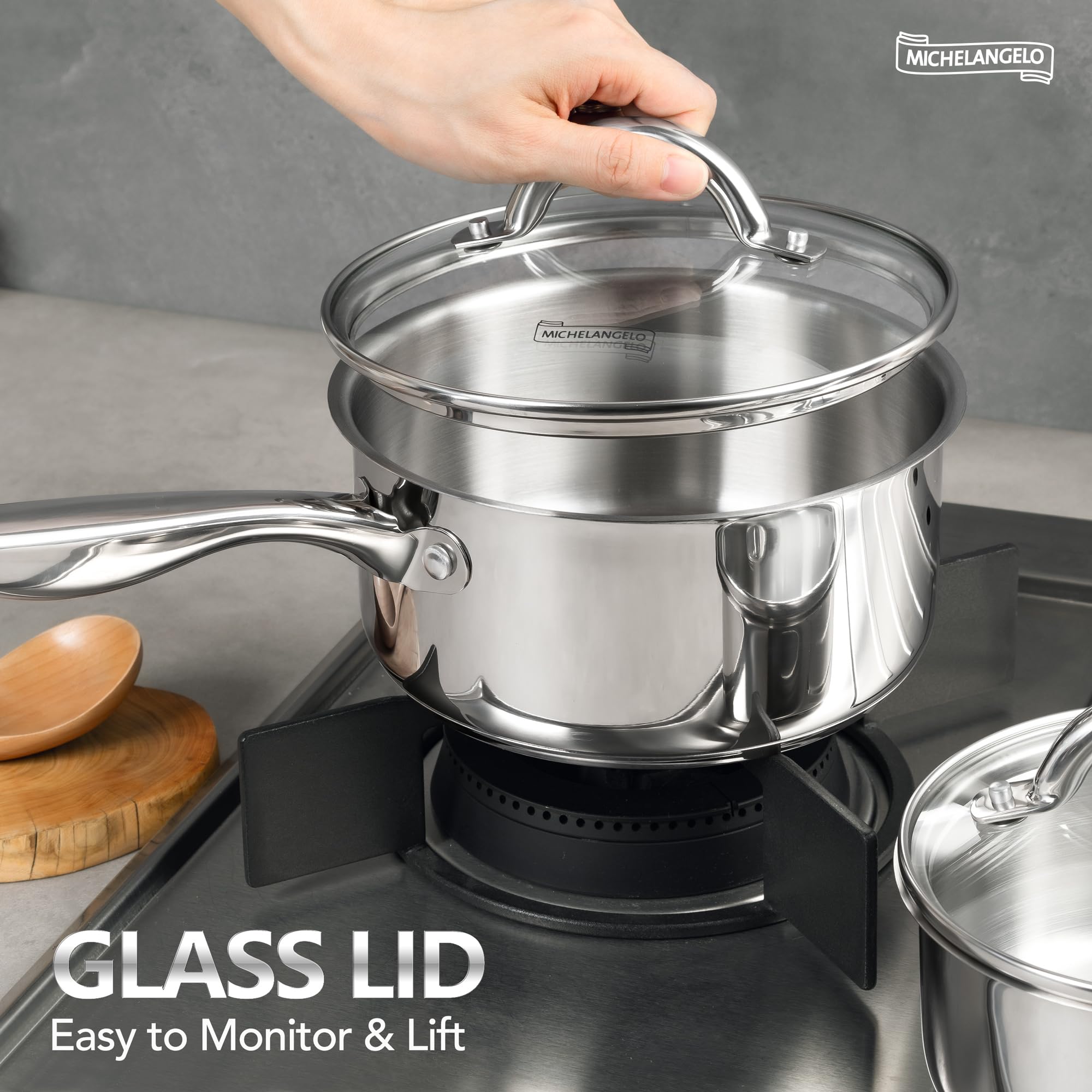 MICHELANGELO saucepan set 2qt with lid ideal for simmering soups.