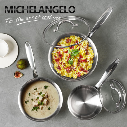 MICHELANGELO pour-spout reduces drips for pan-to-plate serving.