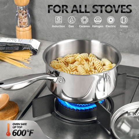MICHELANGELO saucepan set glass lids for easy monitoring of progress.