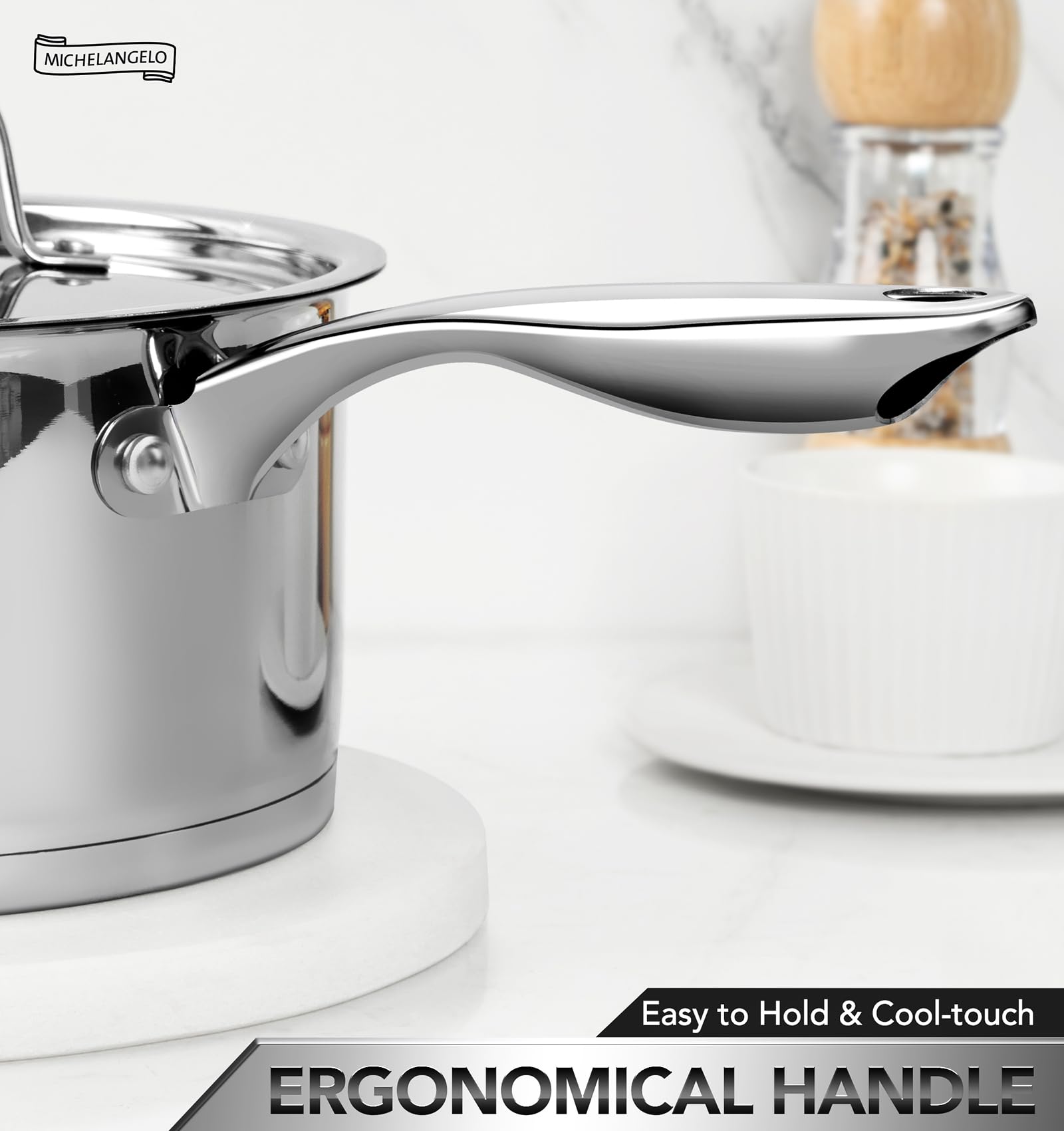 Michelangelo tri-ply bottom ensures even heat across pans.