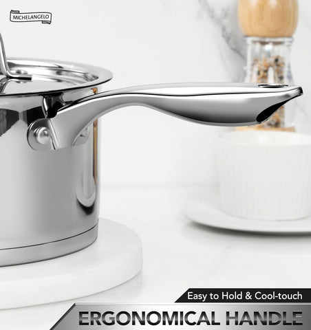 Michelangelo tri-ply bottom ensures even heat across pans.