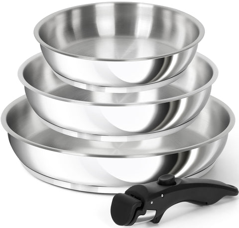 Michelangelo stainless steel frying pan set 8-inch with removable handle for space-saving storage