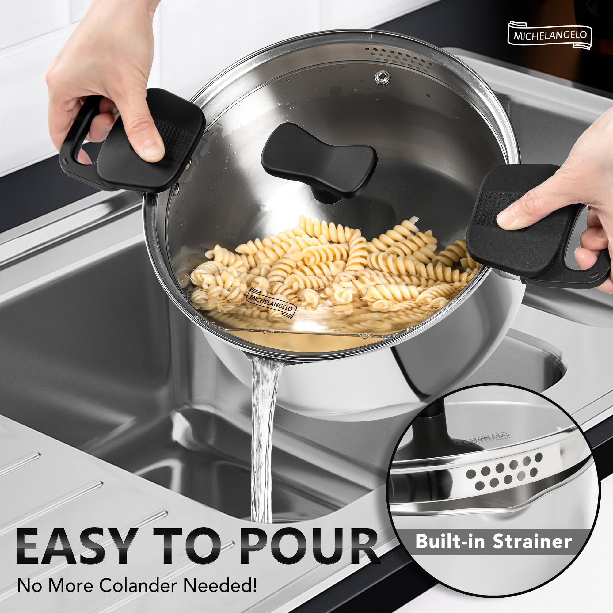 MICHELANGELO stainless steel pasta pot resists staining for lasting use.