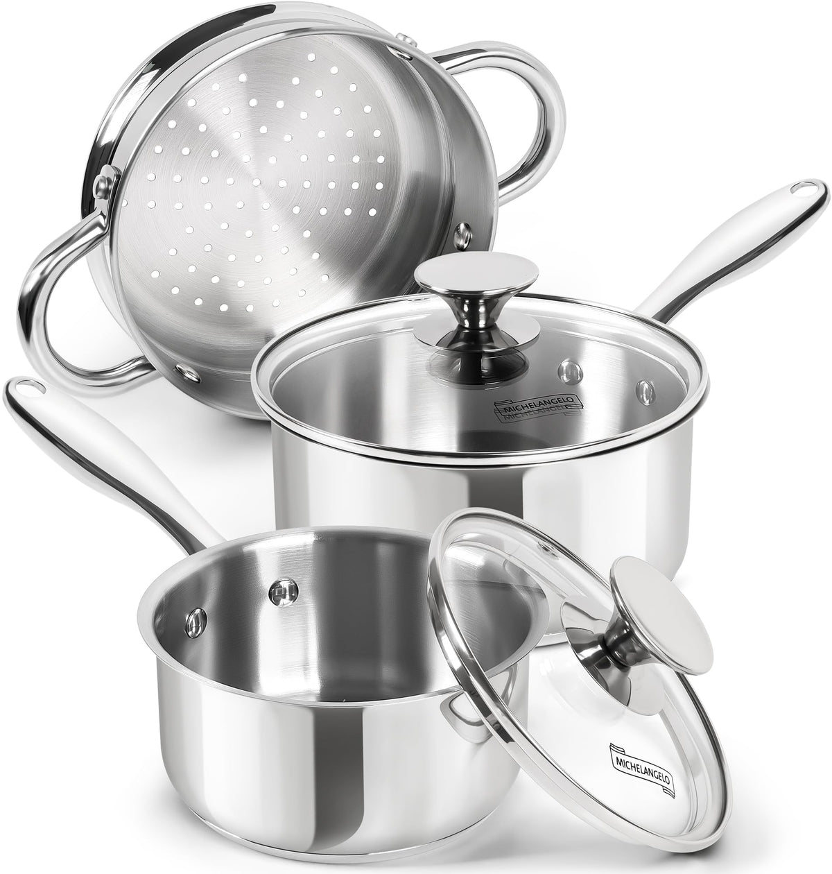 Michelangelo 1qt saucepan with lid, ideal for simmering sauces and small meals.