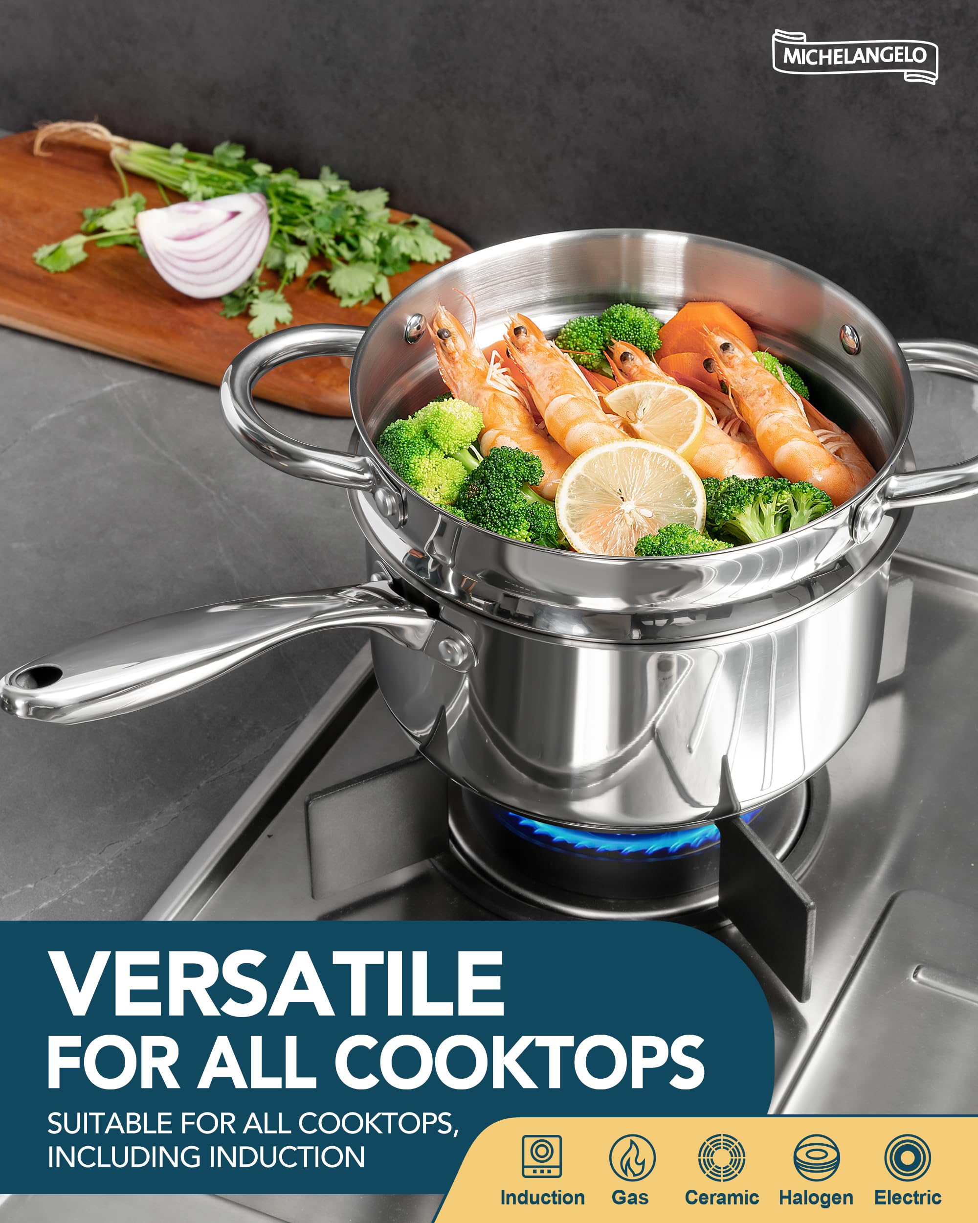 Michelangelo 2qt saucepan with steamer insert for vegetables and seafood.