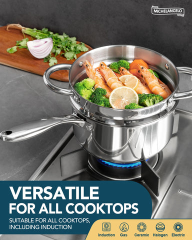 Michelangelo 2qt saucepan with steamer insert for vegetables and seafood.