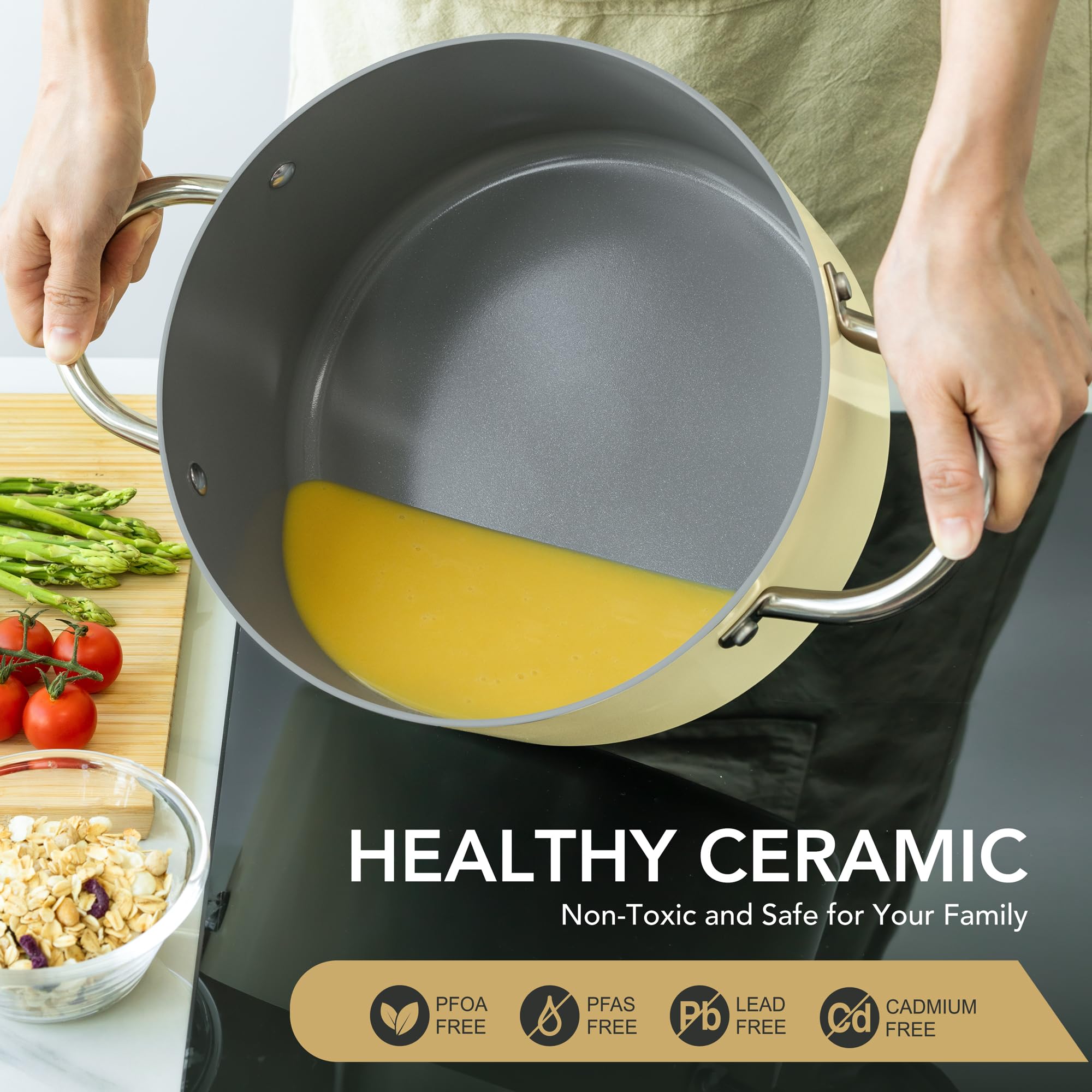 Michelangelo ceramic-coated stock pot for nonstick release and easy cleanup