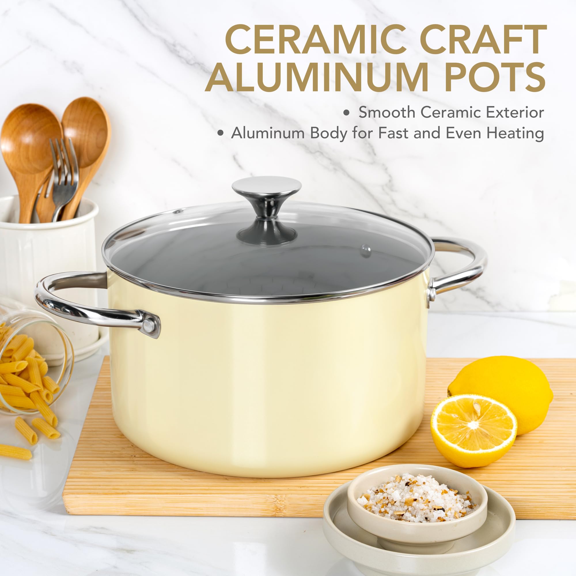 Michelangelo stock pot with tri-ply bottom for even heat distribution