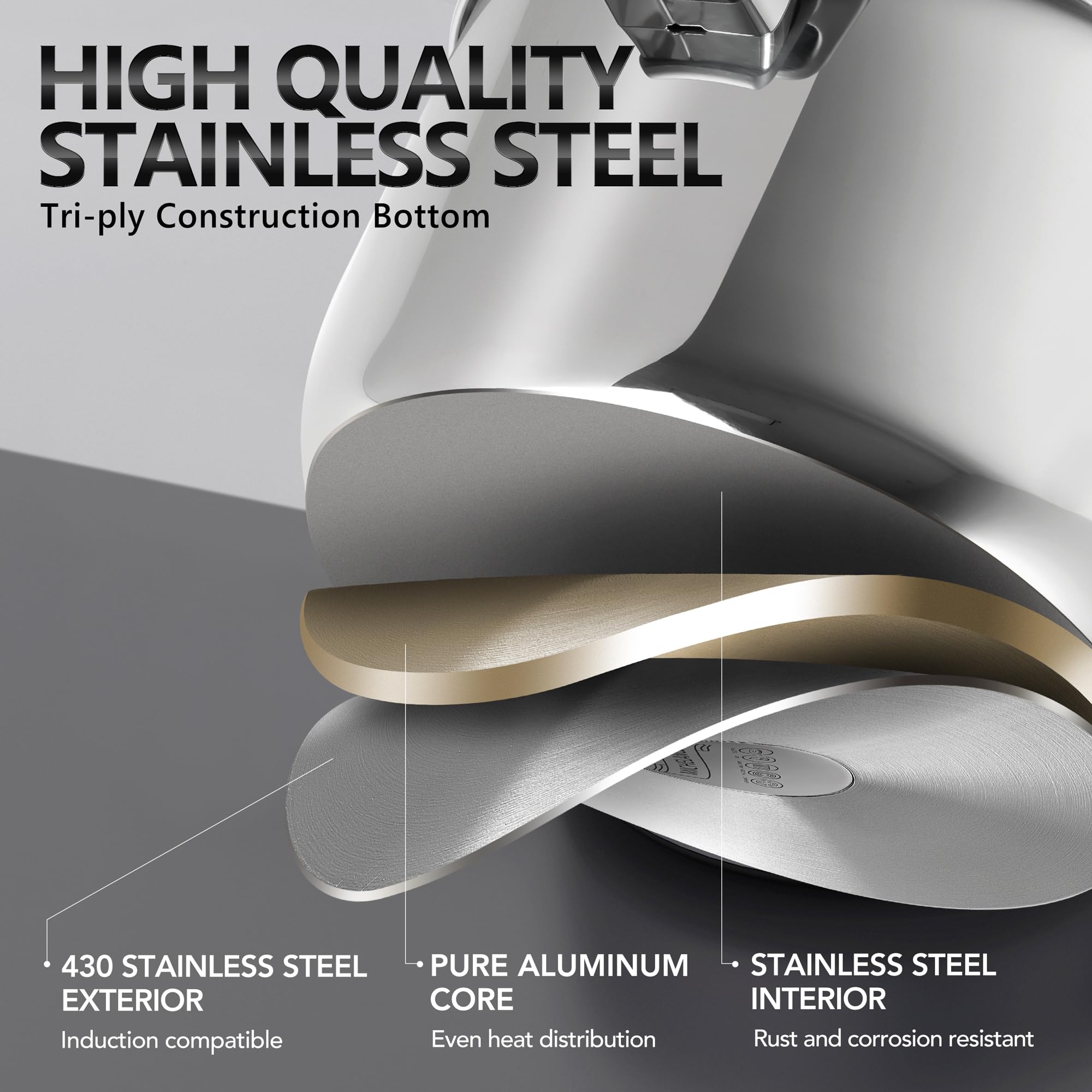 MICHELANGELO three-layer bottom with aluminum core for quick heat distribution.