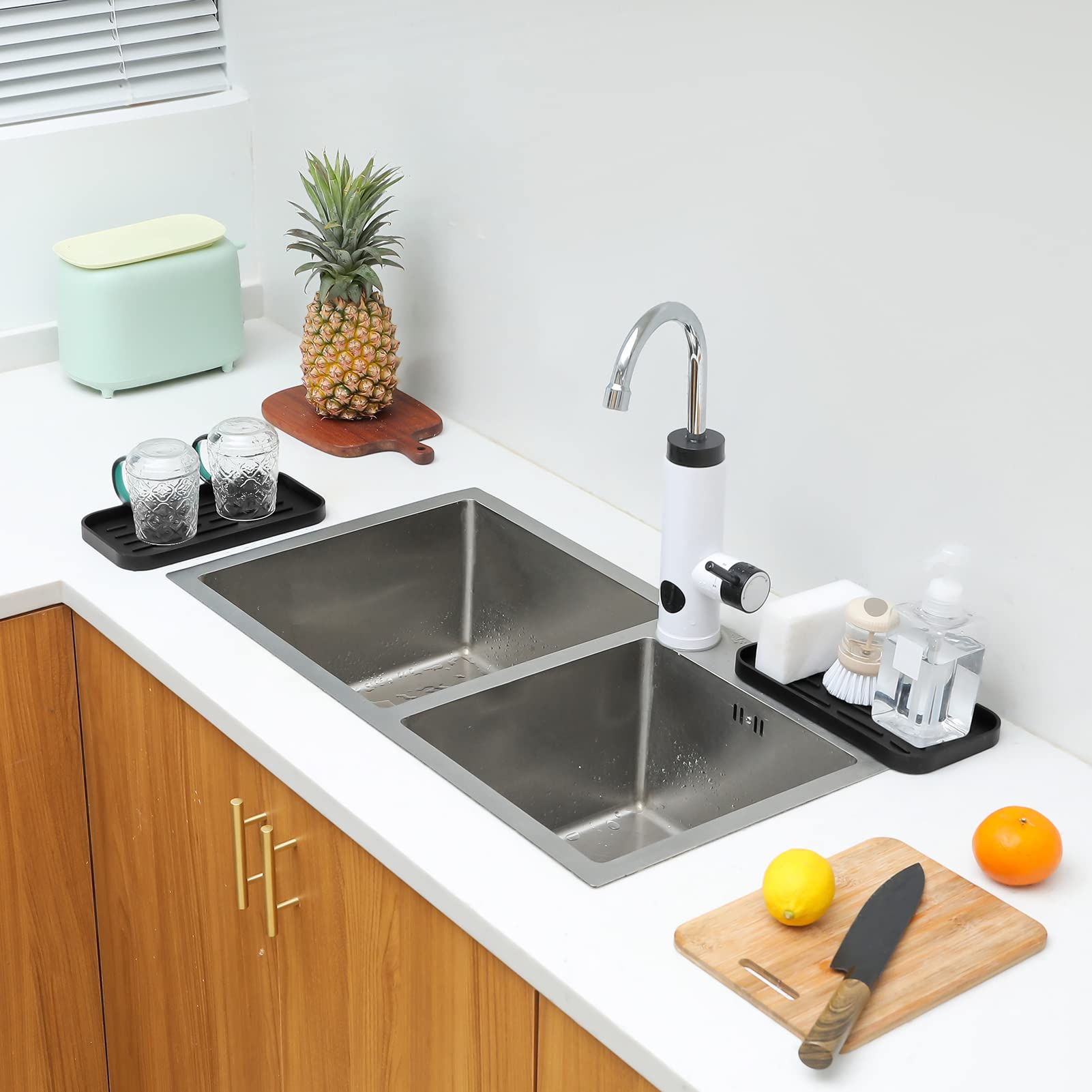 MicoYang soap-dispenser area keeps dish soap and scrubbers within reach.