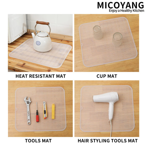 MicoYang silicone drying mat is heat-resistant up to 450°F for hot items.