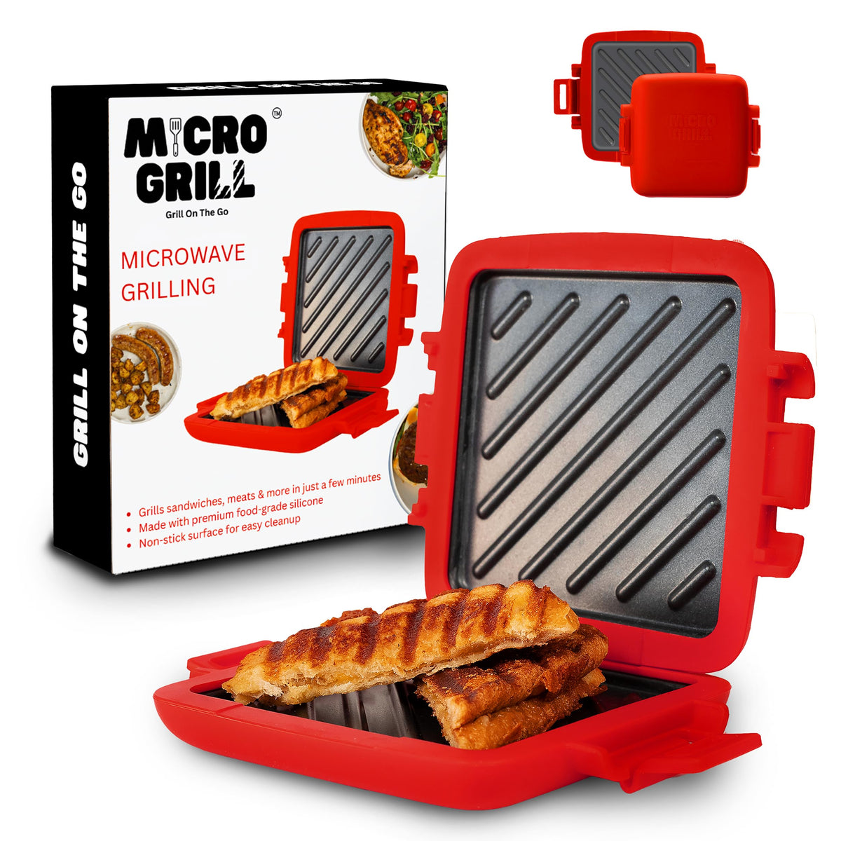 Micro Grill toastie maker, front-angle view, for quick crispy sandwiches at home.